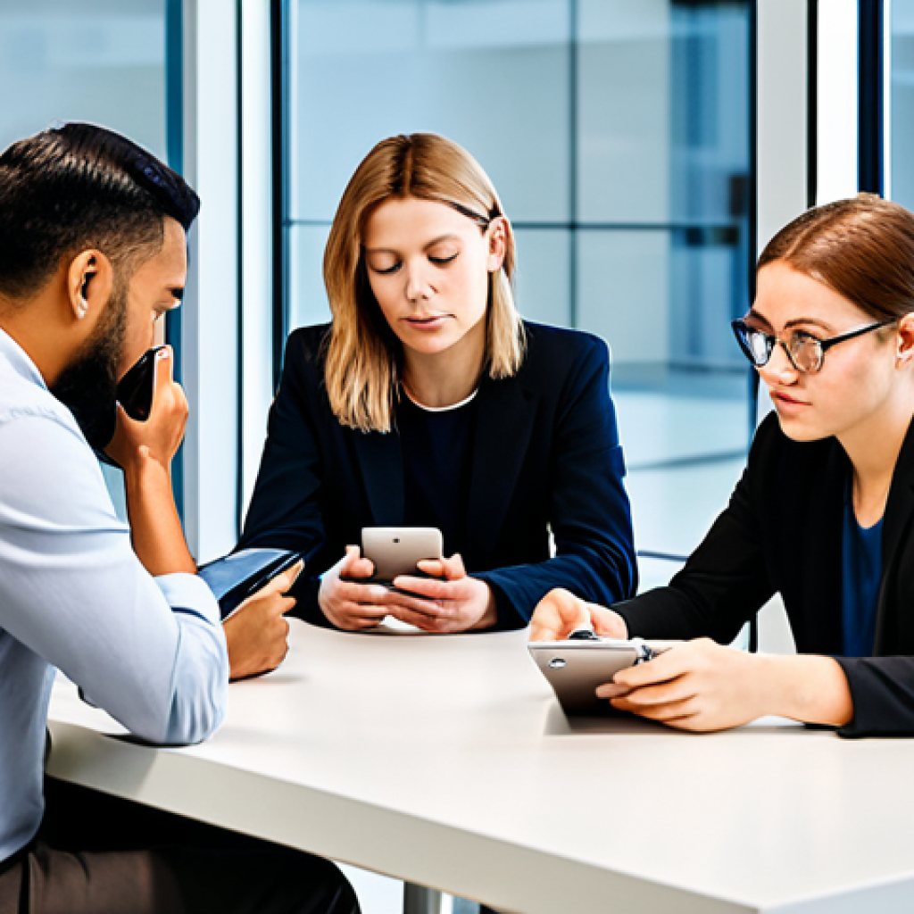 A group of diverse adults, fully clothed in modest, modern business casual attire, seated around a sleek table in a brightly lit contemporary co-working space. Each person is deeply absorbed in their individual smartphone or tablet, creating a subtle visual paradox of physical proximity and digital absorption. The scene emphasizes thoughtful reflection on modern connectivity. Professional photography, high resolution, soft diffused lighting, safe for work, appropriate content, fully clothed, professional, perfect anatomy, correct proportions, natural pose, well-formed hands, proper finger count, natural body proportions.