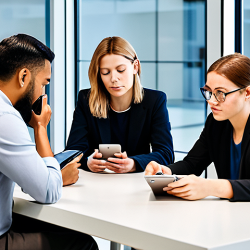 A group of diverse adults, fully clothed in modest, modern business casual attire, seated around a sleek table in a brightly lit contemporary co-working space. Each person is deeply absorbed in their individual smartphone or tablet, creating a subtle visual paradox of physical proximity and digital absorption. The scene emphasizes thoughtful reflection on modern connectivity. Professional photography, high resolution, soft diffused lighting, safe for work, appropriate content, fully clothed, professional, perfect anatomy, correct proportions, natural pose, well-formed hands, proper finger count, natural body proportions.
