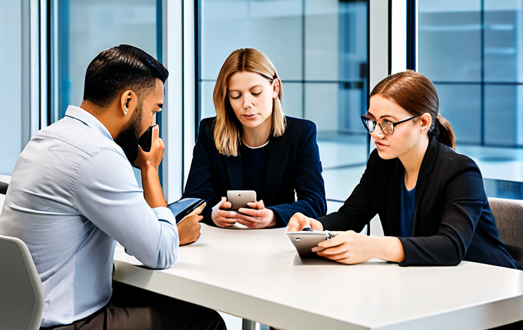 A group of diverse adults, fully clothed in modest, modern business casual attire, seated around a sleek table in a brightly lit contemporary co-working space. Each person is deeply absorbed in their individual smartphone or tablet, creating a subtle visual paradox of physical proximity and digital absorption. The scene emphasizes thoughtful reflection on modern connectivity. Professional photography, high resolution, soft diffused lighting, safe for work, appropriate content, fully clothed, professional, perfect anatomy, correct proportions, natural pose, well-formed hands, proper finger count, natural body proportions.