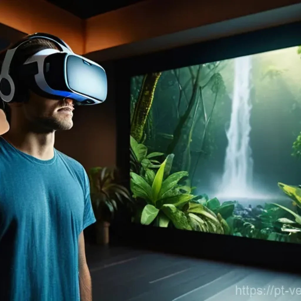 테크노피아와 가상 현실의 영향 - **"Awe-Inspiring VR Nature Immersion"**: A young adult individual, positioned in a contemporary, min...