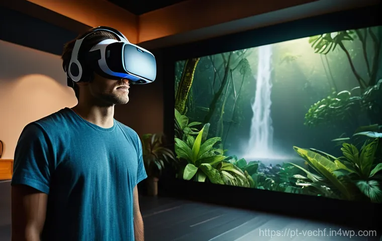 테크노피아와 가상 현실의 영향 - **"Awe-Inspiring VR Nature Immersion"**: A young adult individual, positioned in a contemporary, min...