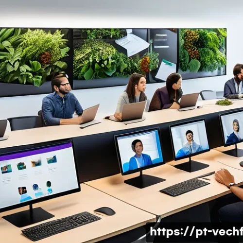 Home 33 테크노피아와 노동의 미래 - A modern Brazilian office environment showcasing a diverse group of professionals engaged in a hybri...