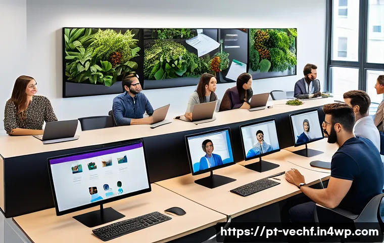 테크노피아와 노동의 미래 - A modern Brazilian office environment showcasing a diverse group of professionals engaged in a hybri...