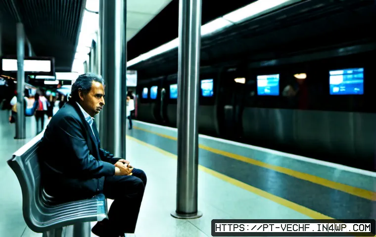 Home 17 테크노피아와 사회적 불만의 연결 - Photorealistic evening scene in a modern São Paulo metro station, a middle-aged Brazilian commuter s...