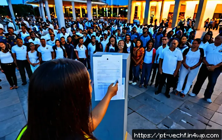 테크노피아에서의 민주주의 위기 - Photorealistic scene in a modern Brazilian city square at dusk, diverse adult citizens gathered peac...