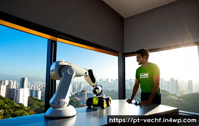 Home 17 테크노피아에서의 인간 대 기계 관계 - Photorealistic scene of a Brazilian engineer in a bright São Paulo innovation studio collaborating w...
