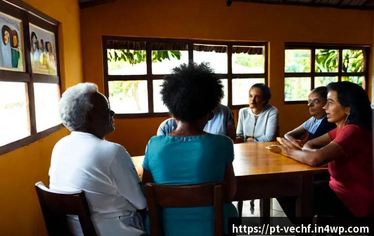 Home 17 테크노피아 비판에서의 인권 의식 - Photorealistic documentary-style scene in a Brazilian community center, a diverse group of adults an...